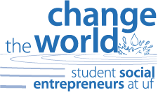 Change the World logo, composed of the text 'change the world student social entrepreneurs at uf' superimposed over a line drawing of a drop of water splashing into a pool and causing ripples